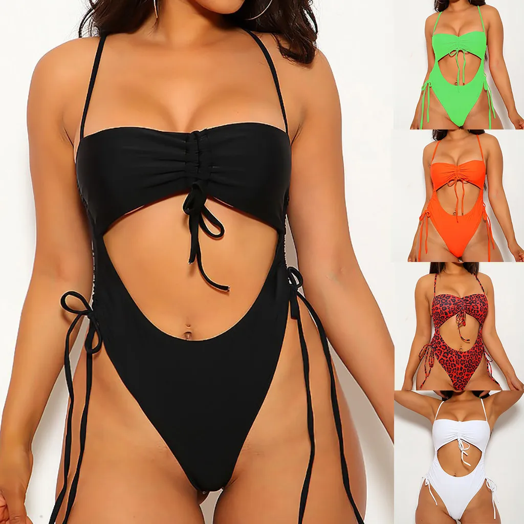 Women's Bikini Solid Set Swimsuit One Piece Filled Bra Swimwear BeachwearSummer elastic Special modern beach party |