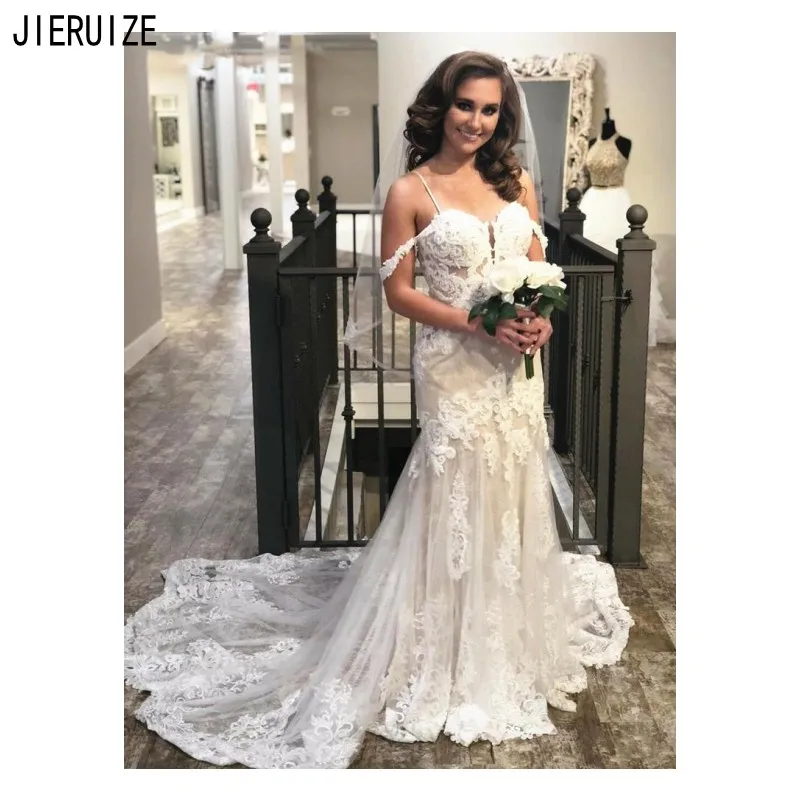 Шикарное свадебное платье-футляр JIERUIZE на тонких бретельках с кружевной