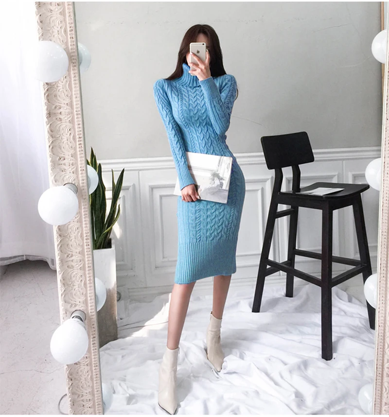 Blue Dress Осеннее вязаное платье-свитер с длинными рукавами и воротником под горло, зимнее женское платье-свитер с карманом, офисное женское облегающее платье - Цвет: Blue Dress