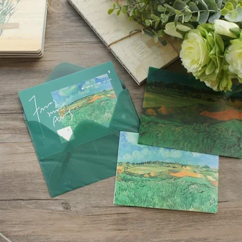 

2 Envelopes 2 Card Sticker Set Green Fields Oil Painting Design Envelop As Message Card Invitation Envelop Transparent Paper