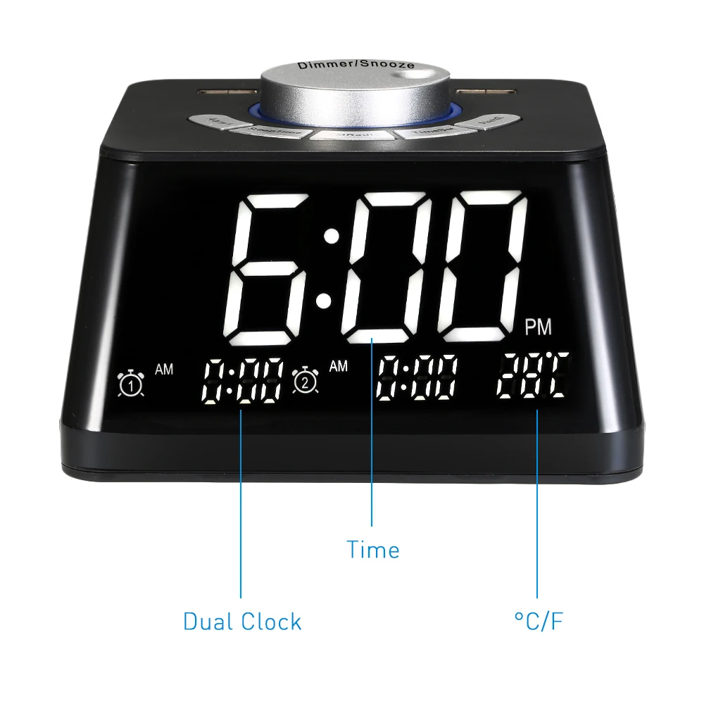 

Hot New USB/Battery Alarm Clocks Adjustable Volume Display Temperature Dimmer Dual Alarm Digital Clock With FM Radio Table Clock