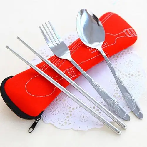 

3 Pcs Fork Spoon Chopsticks Travel Stainless Steel Cutlery Portable Camping Bag Knife Fork Set Flatware Tableware Silverware