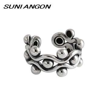 

Small Round Beads Wave Open Ring 100% 925 Sterling Silver Wide Ring Oxidized Antique Geometric Combination Elegant Women Ring