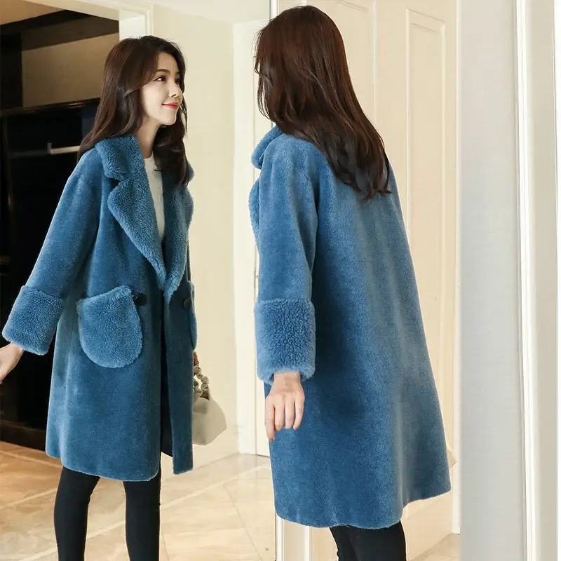 blue Женское осенне-зимнее пальто из натурального меха, шерстяная куртка из зернистой овечьей шерсти, женское Новое теплое пальто Abrigo Mujer T108 - Цвет: blue
