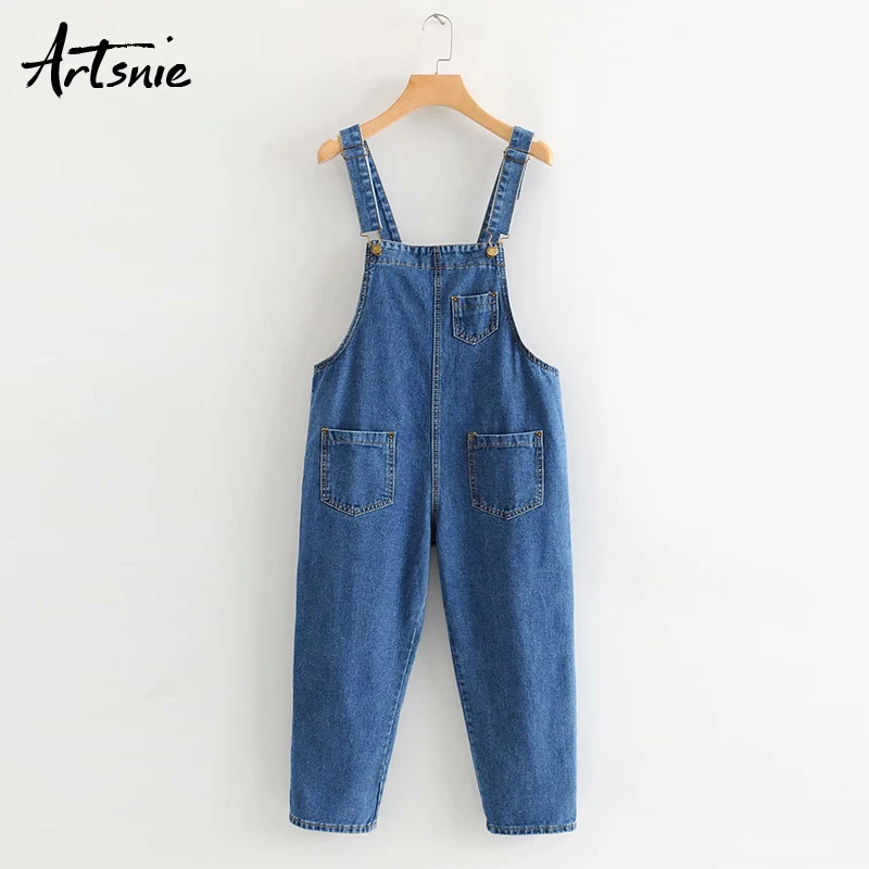 

Artsnie streetwear casual denim women jumpsuit autumn 2019 sleeveless pockets jeans calf length pants blue rompers overalls