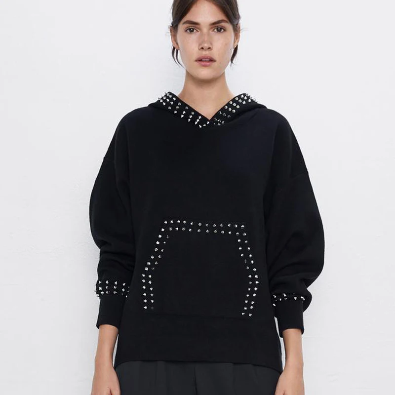 ZOEPO однотонная толстовка с заклепками для женщин модный Свободный пуловер с капюшоном для женщин элегантные карманы с длинным рукавом толстовки для женщин