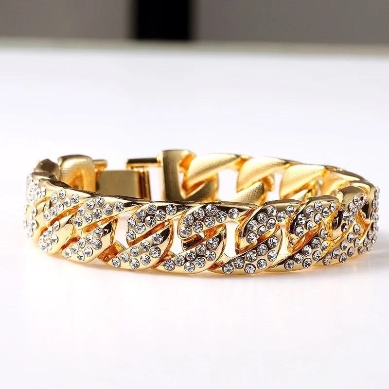 Men Deluxe Bracelet Fully Iced Out Rhinestone Golden Chain Hip Hop Bling Cuban Link | Украшения и аксессуары