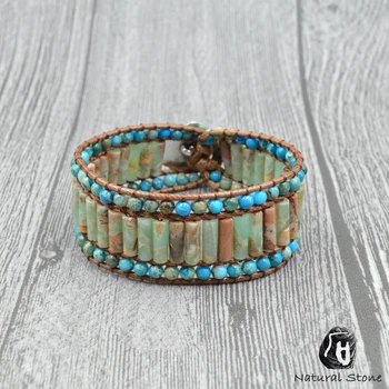 

Vintage Women Men Natural Onyx Picasso Malachite Emperor Stone Boho Bracelet Tube Beads Leather Rope Weave Wristband Jewelry