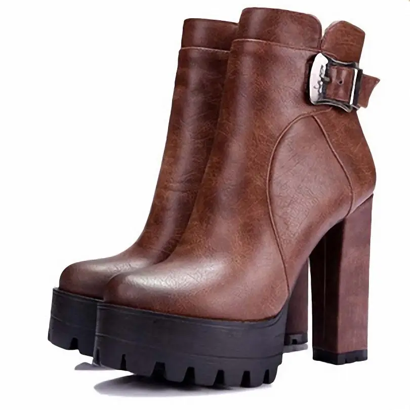 ENMAYER Women Boots Punk Buckle Round Toe High Square Heel Ankle for Platform Big Size 34 42|high boots|ankle boots womenheeled ankle |