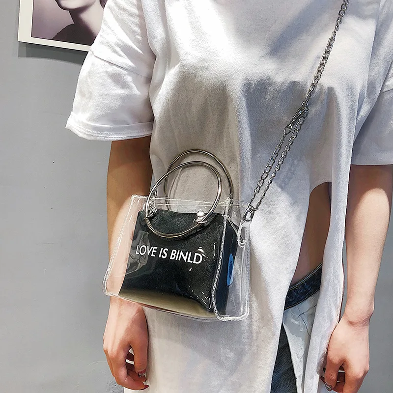 

Small Bag Women's 2018 New Style Fashion Transparent Laser Bag Korean-style Chain Hand Crossbody Bag Circular Ring Square Sling