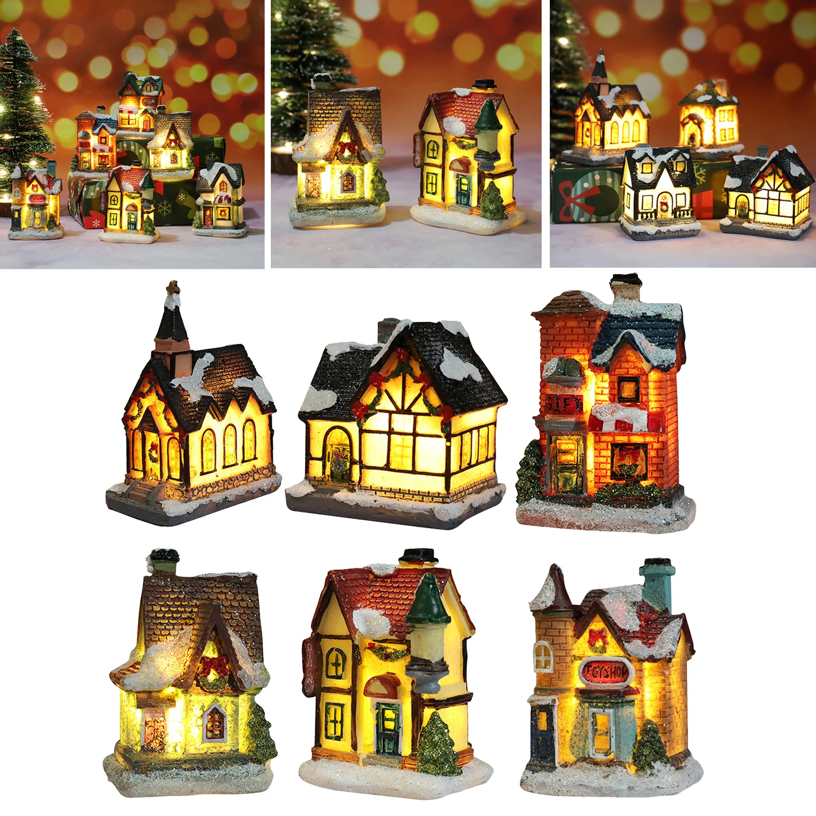 6PCS Christmas Ornament Set Doll House Village Light Up Christmas House Winter Holiday Garden Decoration Children Gift Set