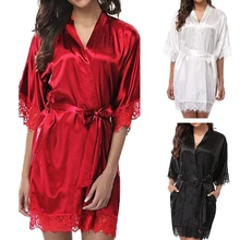 Women Sexy Wedding Dress Gown Short Ice Silk Bride Robe Lace Kimono Nightwear