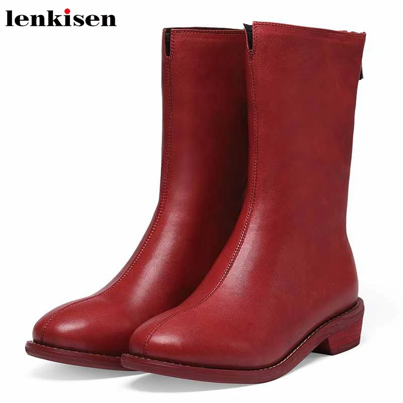 

Lenkisen daily wear leisure simple style genuine leather boots round toe med heels back Zipper winter solid mid-calf boots L0f5