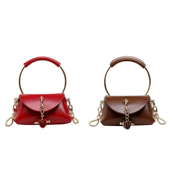 

2x Metal Ring Handle Women Handbag Mini Cute Tote Bag Chain Rivet Shoulder Bag Fashion Messenger Bag Red & Brown