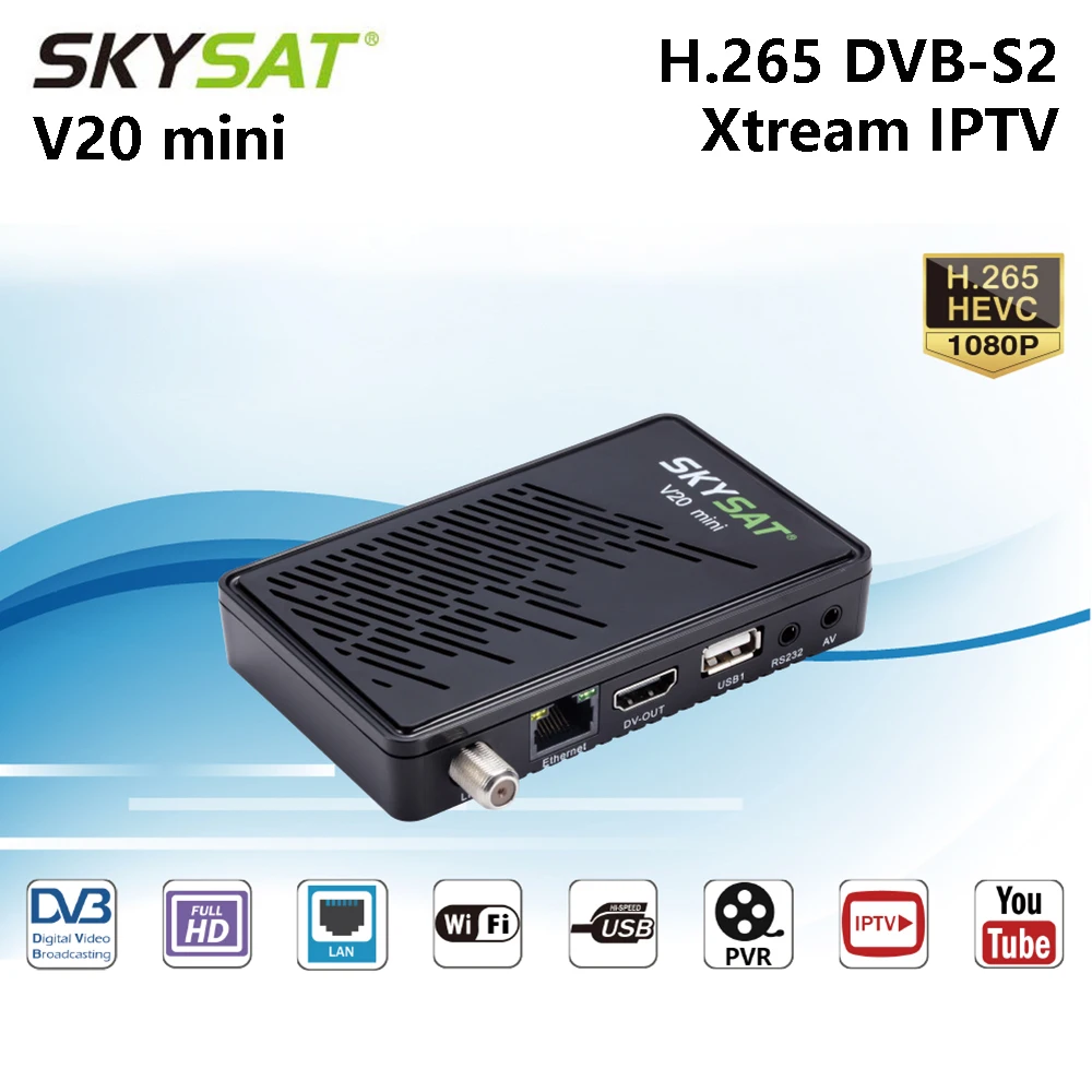 SKYSAT V20 мини H265 спутниковый ресивер DVB-S2 HD ACM CS Cline CCCam Newcamd RJ45 WiFi Powervu Biss m3u Xtream IPTV декодер