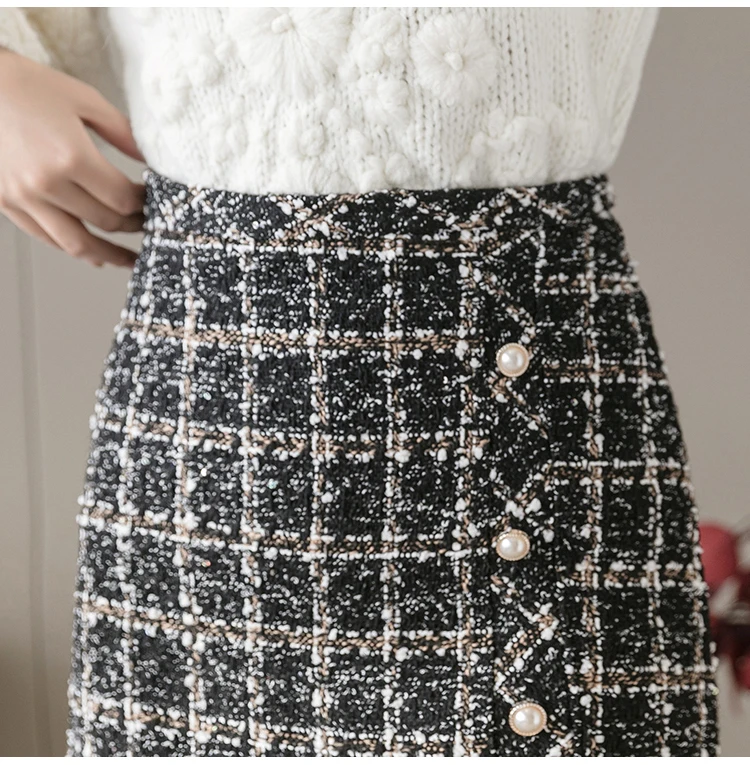 Autumn Winter Mini Tweed Skirt Women Elegant Plaid Skirts Ladies Fashion Korean High Waist Buttons Sexy Short Skirts Package Hip