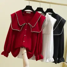 

2021 Spring Plus Size Women's Double-layer Pearl Doll Collar Shirt Top Womens Blouses Corset Top Blouse