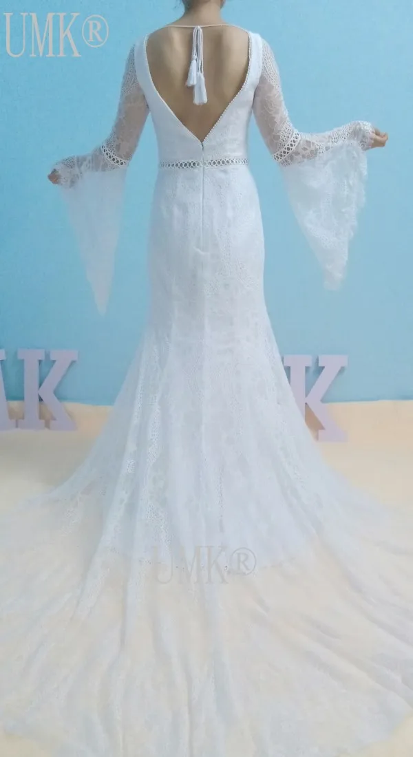 Богемное кружевное пляжное свадебное платье, винтажное длинное платье с расклешенными рукавами, свадебное платье с открытой спиной, бохо-Русалка