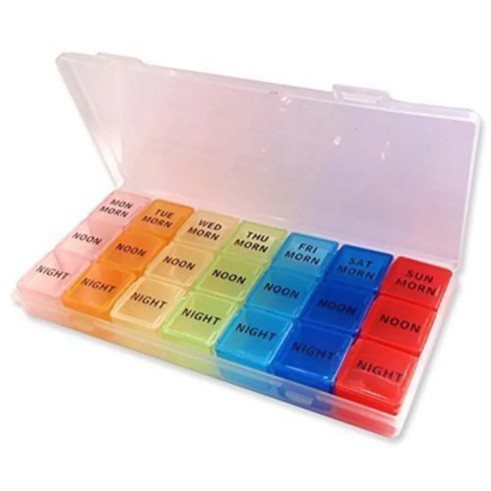 

Transparent and Portable 7-color Pill Case Box Week Storage Holder Case For Medicine Drug Pill Jewlly Case 7 Day 21 Slot