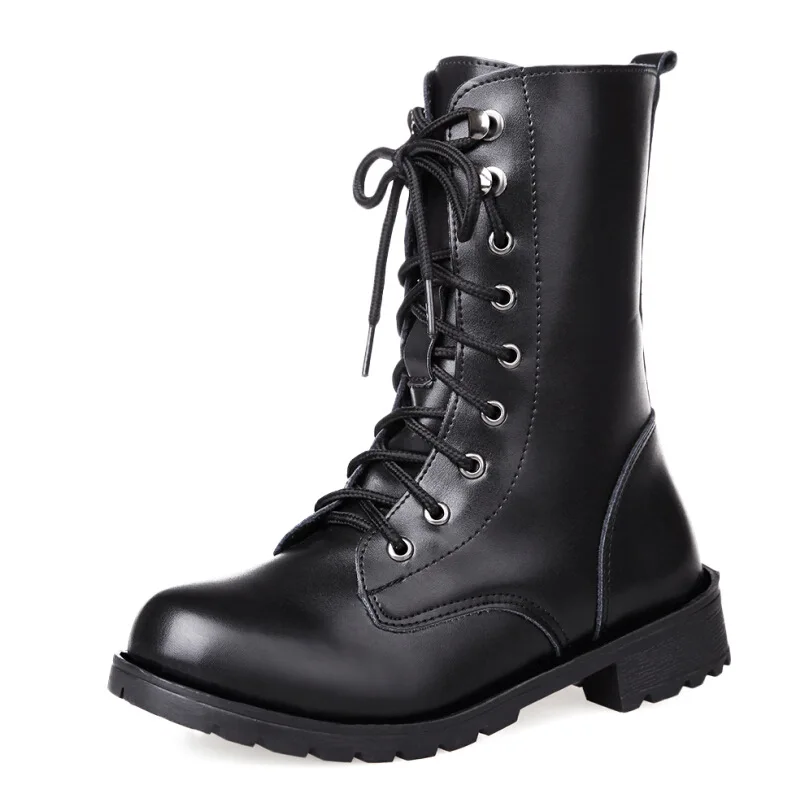 

Women Buckle Motorcycle Boots British Style Black Middle Tube Low Heel Lace Ankle Boots Non-slip Wear Resistant Shoes NSE7331