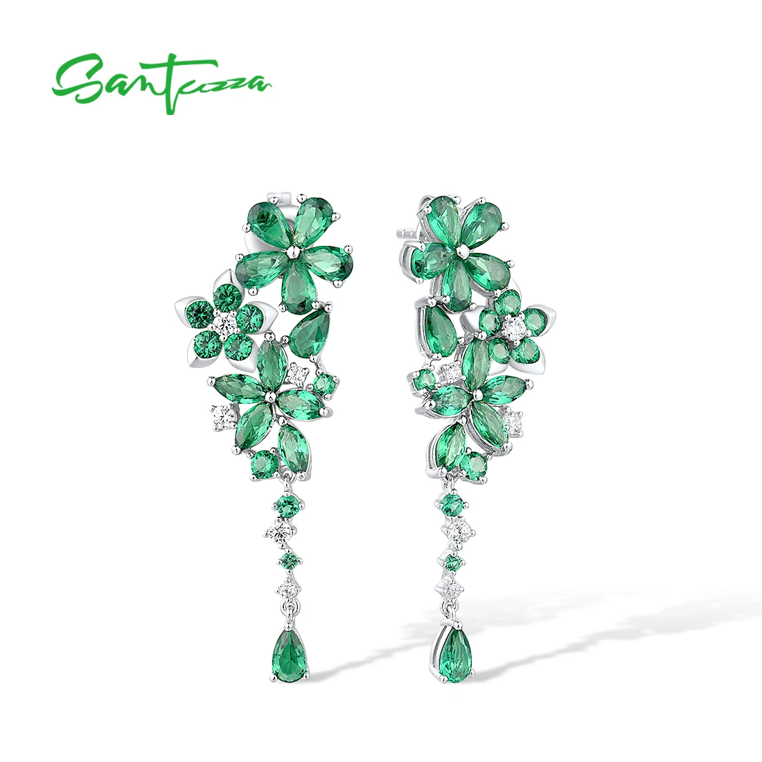 SANTUZZA Pure 925 Sterling Silver Drop Earrings For Women Delicate Flowers Green Spinel White Cubic Zirconia Party Fine Jewelry