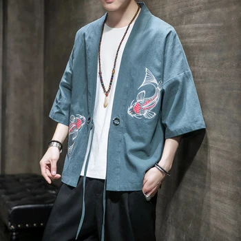 

Hawaiian Shirts Mens Kimono embroidery Loose goldfish Collar Short Sleeve Casual Shirts Men Button Streetwear Beach Shirts