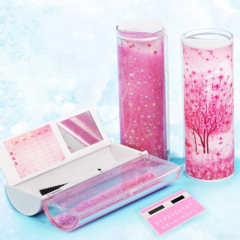 

Quicksand Translucent Creative Multifunction Cylindrical Pencil Box Case 2020 school Stationery Pen Holder Pink Blue calculator