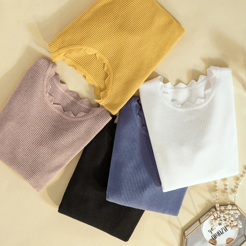 

Autumn Winter Sweater Women Solid Wave Cut Knitted Sweater Pullovers Long Sleeve Tops Slim O-neck Basic Office 2019 Pull Femme