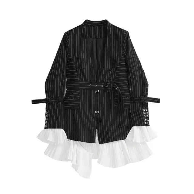 Black Новая осенне-зимняя черная полосатая Свободная куртка пальто с отворотом и длинными рукавами EM185 - Цвет: Black