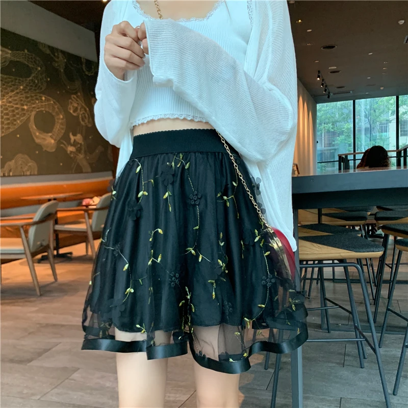 skater skirt ZuoLunOuBa Fashion Summer Sexy Mini Women Skirt Embroidery Jacquard Net Yarn Flowers Elastic Waist Black Harajuku Skirts Female jean skirt