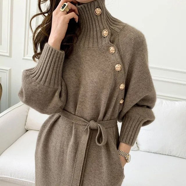 Elegant Sweater Dress Female Fashion Casual Loose Turtleneck Solid Pullover Sash Tie Up Robe Femme Autumn Winter Party Dress 4