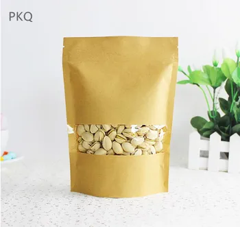 

5pcs 23*35cm*5cm Doypack Brown Kraft Paper Packaging Bag With Window Snacks Powder Pouch Reclosable Stand Up Storage Bags