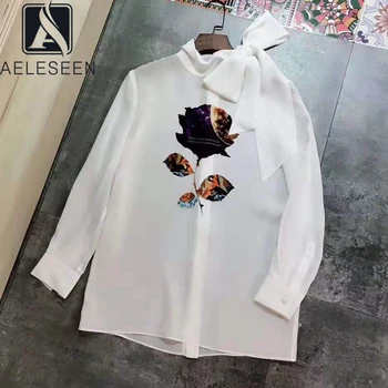 

AELESEEN 2020 Spring New Design High Street Style Back Single Breasted Blouse Women Elegant Bow Collar 100% Silk Print Shirt