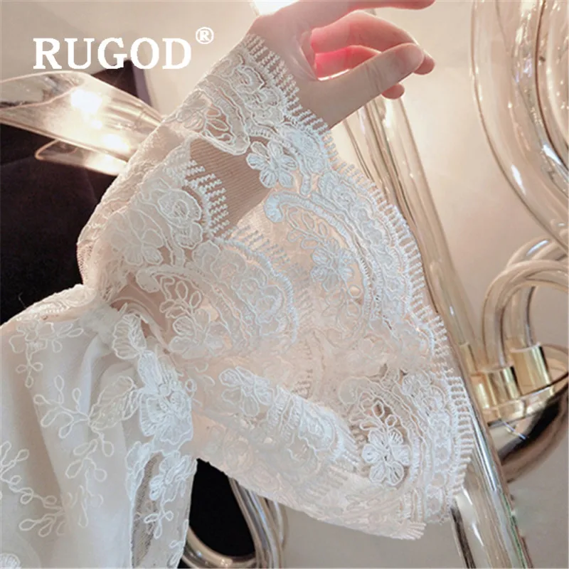 RUGOD Весенняя Кружевная блуза с жемчугом, женские блузки с длинным рукавом, сетчатый топ, корейская модная одежда, женские рубашки с рукавами-колокольчиками