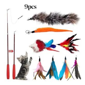 

9Pcs Pet Cat Kitten Teaser Bell Feather Rat Replacement Head Funny Play Toy Long Rod Sticks Interactive Pets Supplies