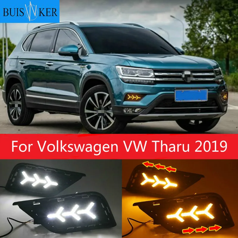 

1 пара светодиодный DRL Дневной светильник s для Volkswagen VW тару 2019 с желтым сигналом поворота колпак противотуманных фар; Темно-синие