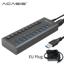 USB 3,0 концентратор 10 Порты и разъёмы 12V 4A Мощность адаптер usb-хаб 3,0 Зарядное устройство с переключателем Мульти USB разветвитель USB3.0 концентратор для Macbook портативных ПК