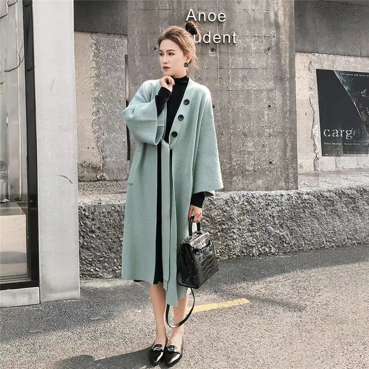 New Autumn Winter Women Jackets Knitting Warm Korean Style Elegant Casual Long Coat Outerwear Ladies F039