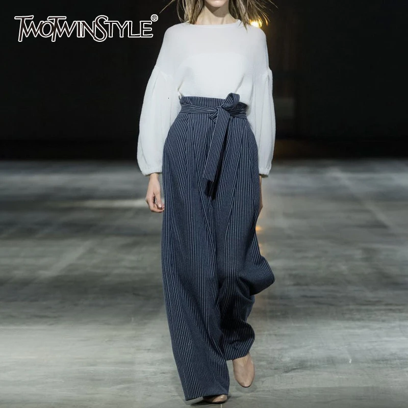 

TWOTWINSTYLE Two Piece Set For Women O Neck Long Sleeve Shirts Striped High Waist Lace Up Pants Female Suit 2019 Autumn Fashion