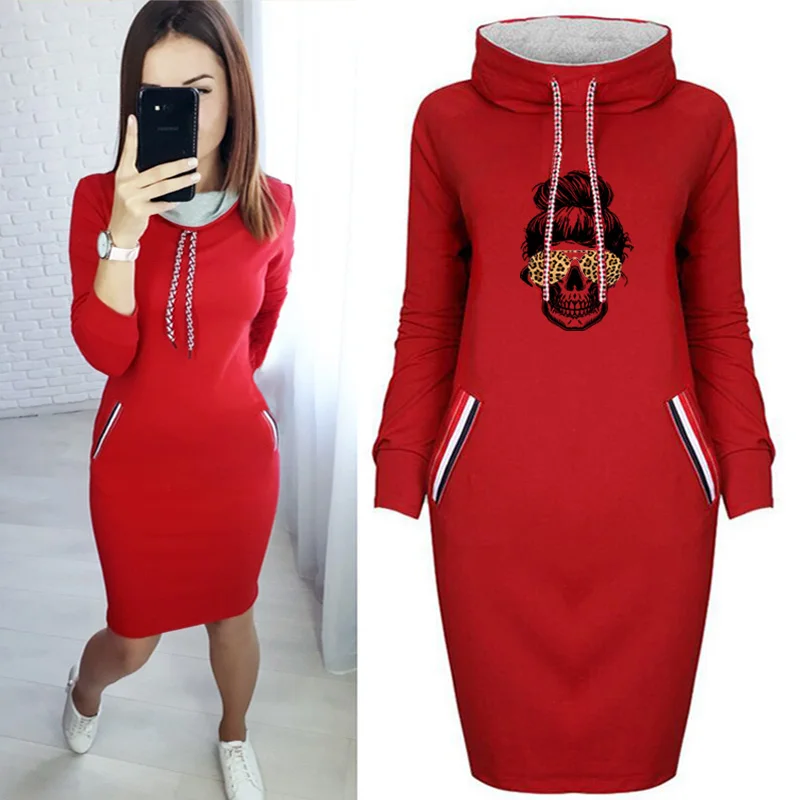 

Autumn Dress Women Leopard Skull Printing Plus Size Dresses Long Sleeve Robes Bodycon Party Club Black Short Dress Turtlenck