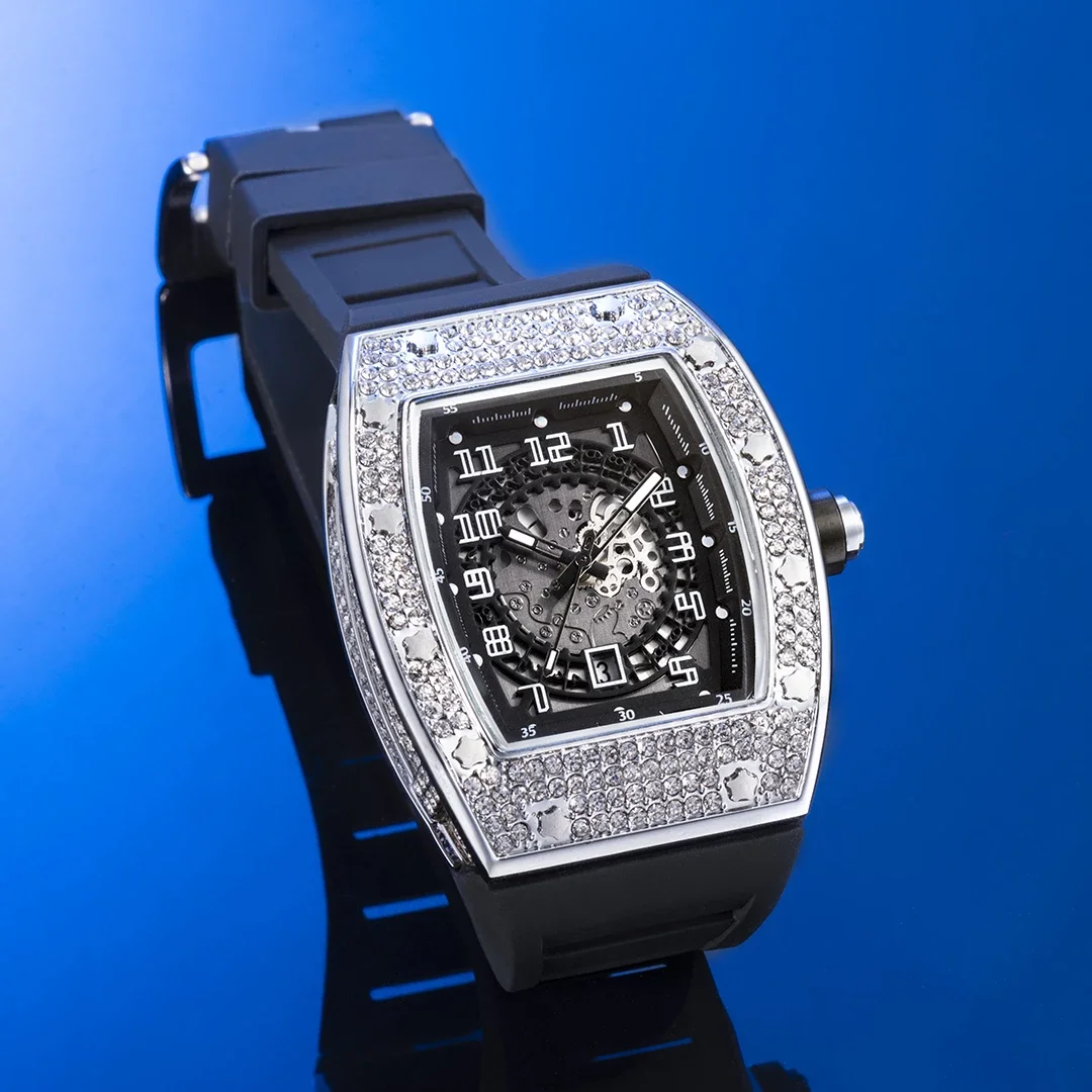 MISSFOX 2023 New Tonneau Men Watches Iced Out Diamond Rubber Strap Watch Hollow Dial Design Luxury Sport Male Clock Dropshipping