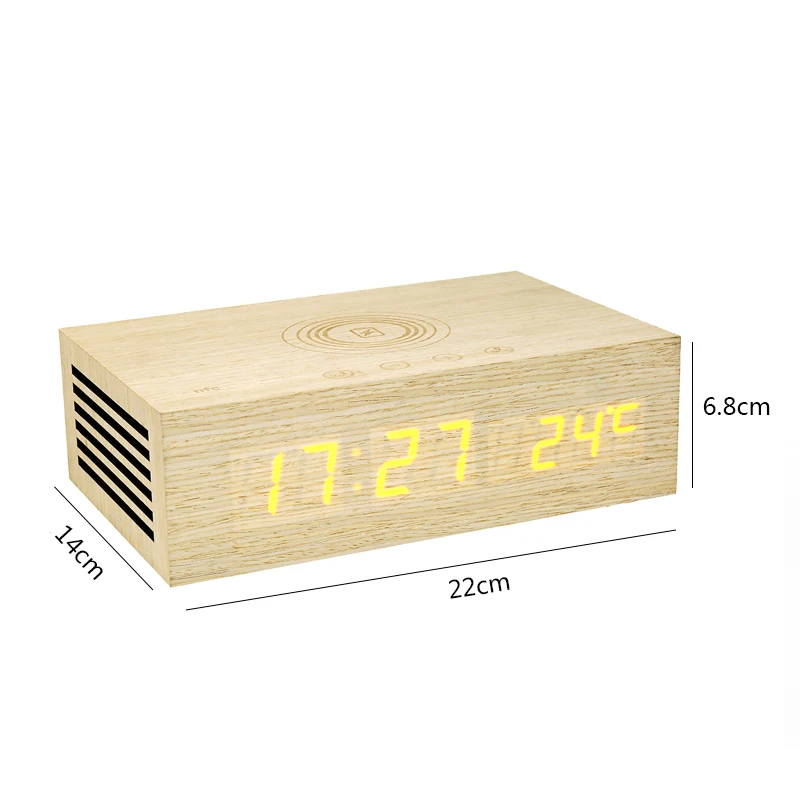 Wooden Wood Digital NFC bluetooth Speaker Qi Wireless Charger Snooze Alarm Clock Thermometer Touch Control For iPhone Android