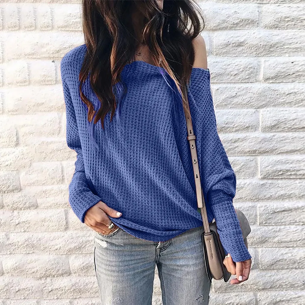 

Autumn Women Sweater Solid Simple Loose Casual One Shoulder Sweater Blouse Winter Long Sleeve Knitted Sweaters Pullover Tops