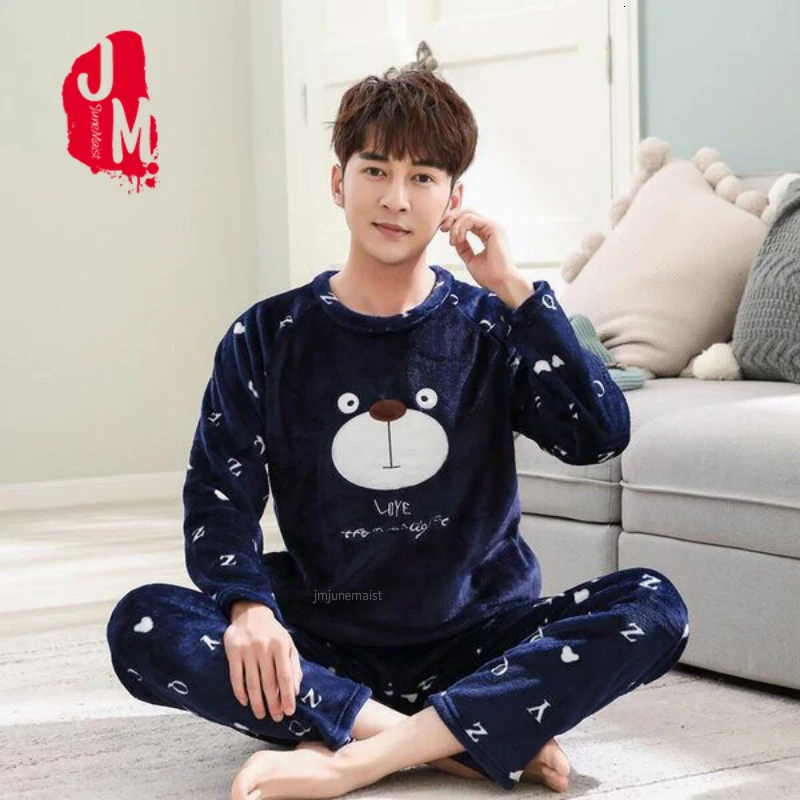 men pajamas winter Winter Thick Warm Blue Flannel Pajama Sets For Men Long Sleeve Coral Velvet Sleepwear Suit Loungewear Homewear Home Clothes - Цвет: men pajamas winter