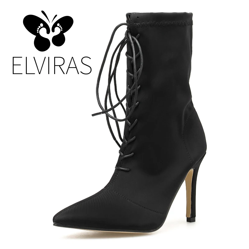 

ELVIRAS Women's Boots Pointed Toe Elastic Laceing Ankle Boots High Heels Shoes Woman Female Socks Boots