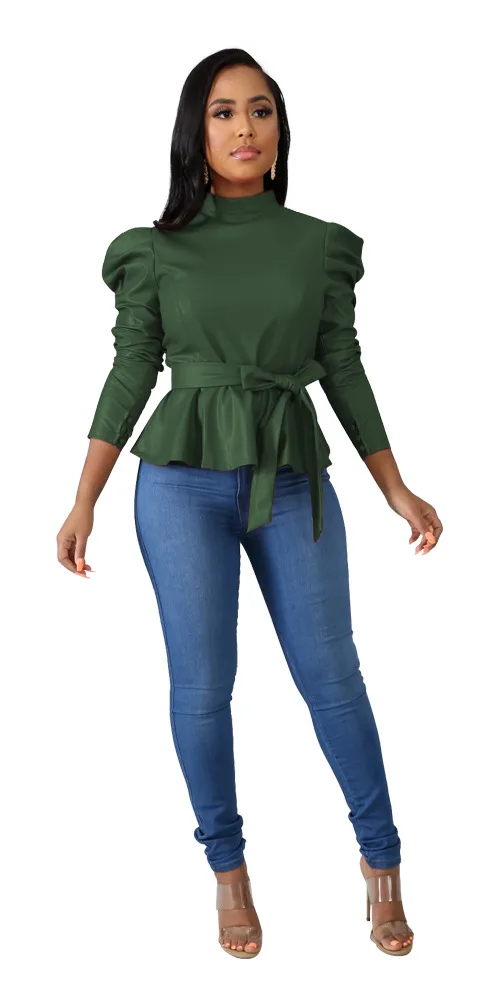 green top Adogirl/однотонный топ с баской из искусственной кожи; коллекция года; сезон осень-зима; водолазка с длинными рукавами-фонариками; Модная Повседневная рубашка с поясом; женская одежда - Цвет: green top
