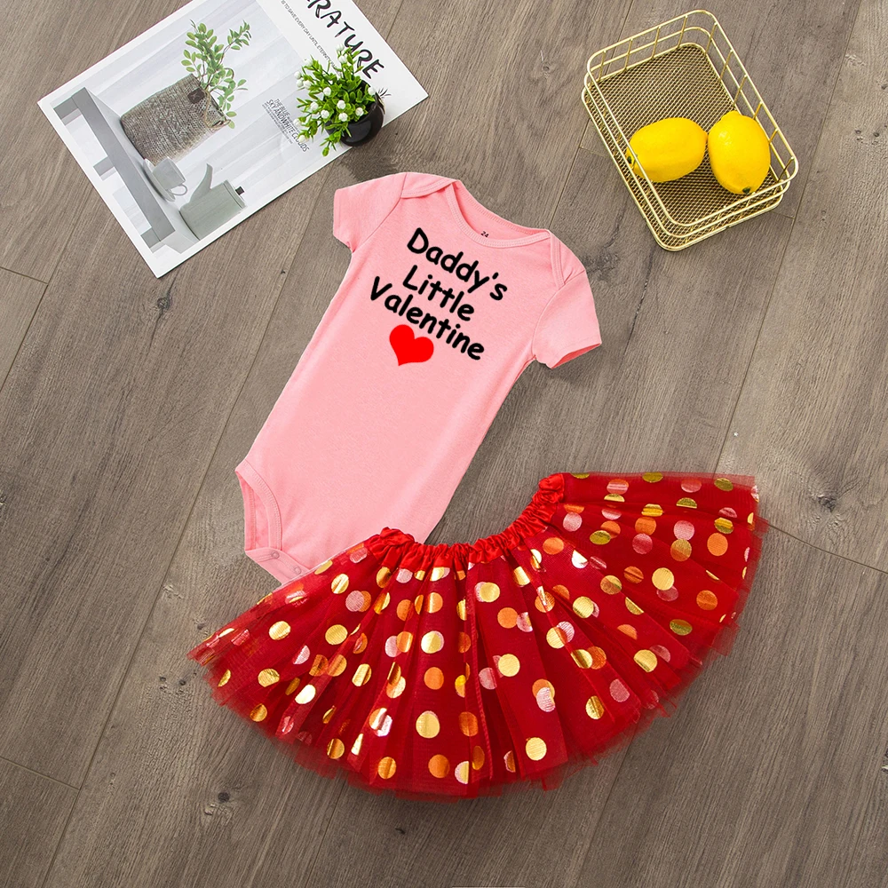 Daddy's Little Valentine/Милый хлопковый комбинезон с короткими рукавами для маленьких девочек из 2 предметов+ Милая фатиновая юбка-пачка модные комплекты для малышей