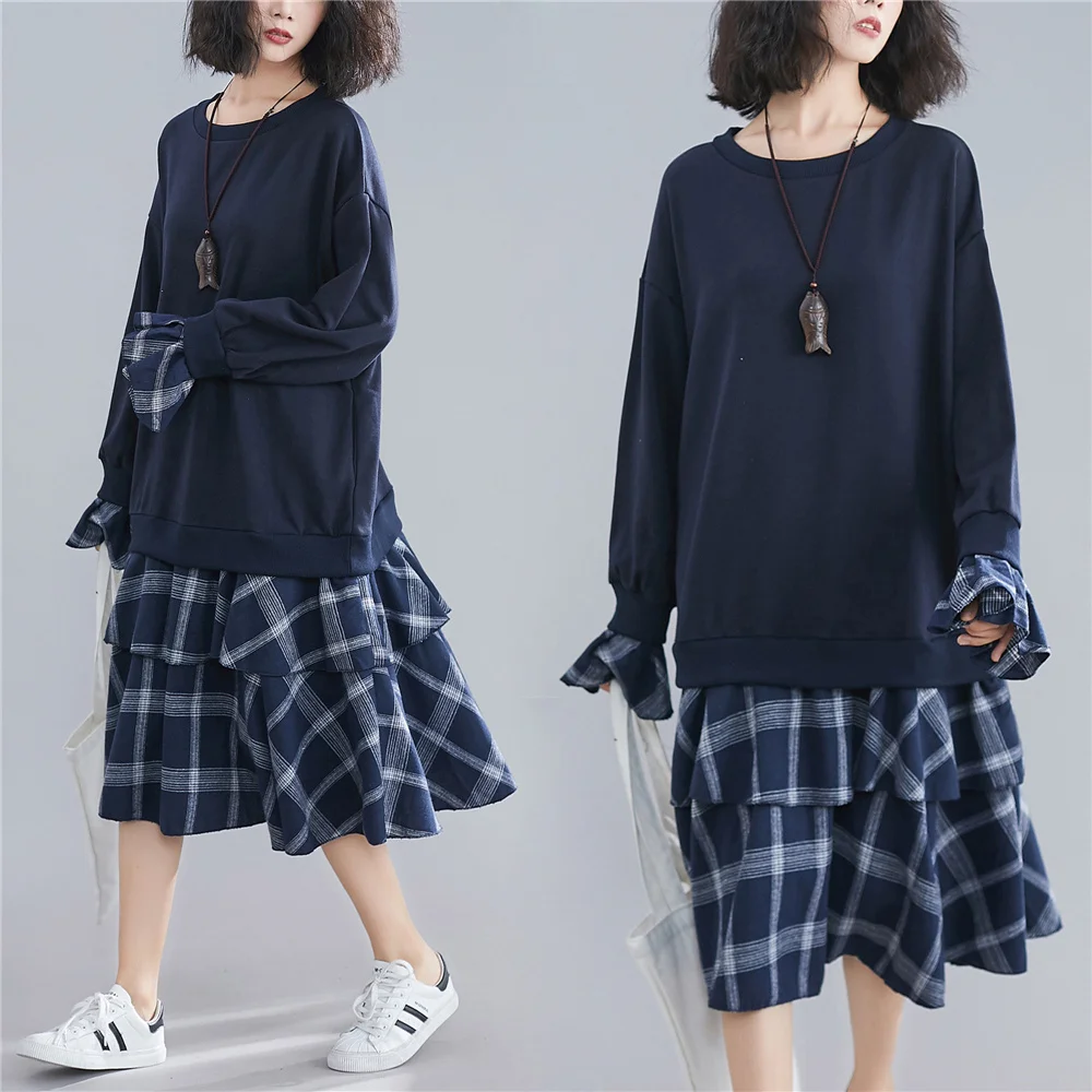 Plus Size New Women dress Full Sleeve Patchwork Two Fleece Price 76 Dresses Navy 7007 | Женская одежда