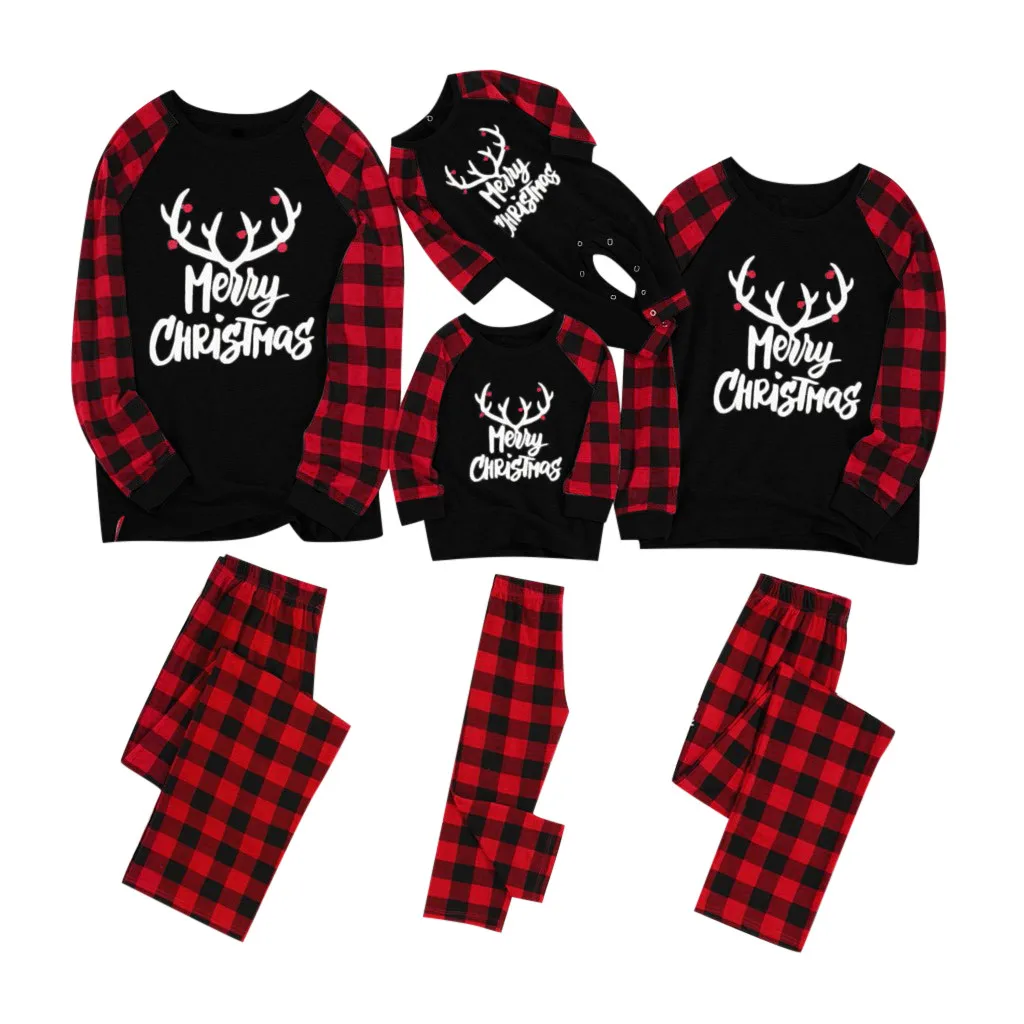 Веселые рождественские пижамы для всей семьи, комплект для мамы, дочки, папы и сына, комбинезон, одежда для сна одинаковые комплекты для папы и мамы Топы+ штаны, одежда для малышей - Цвет: Черный