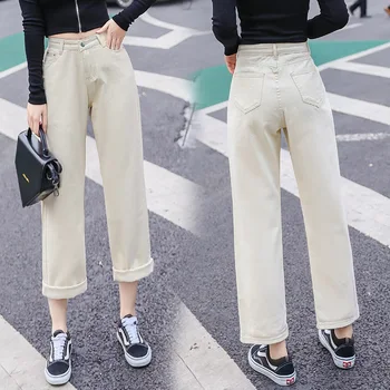 

Black High Waist Straight Crop Jeans Wide Leg Women 2019 Off White Ankle Length Mom Fall Button And Pocket Zipper Loose Jeans 18